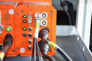 Pomarańczowe urządzenia z licznymi złączami: USB, RS232, CAN, Analog IN. Widać kable i diody LED.