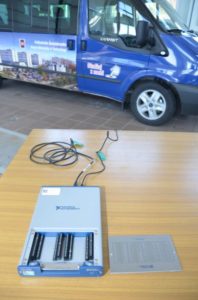 Urządzenie National Instruments z kablami na stole, obok niebieskiego busa z grafiką kampusu Politechniki Świętokrzyskiej.