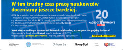 Reklama Nagród Naukowych POLITYKI zachęca młodych naukowców do zgłoszeń. Kluczowe obiekty: tekst, logo, rok 20.