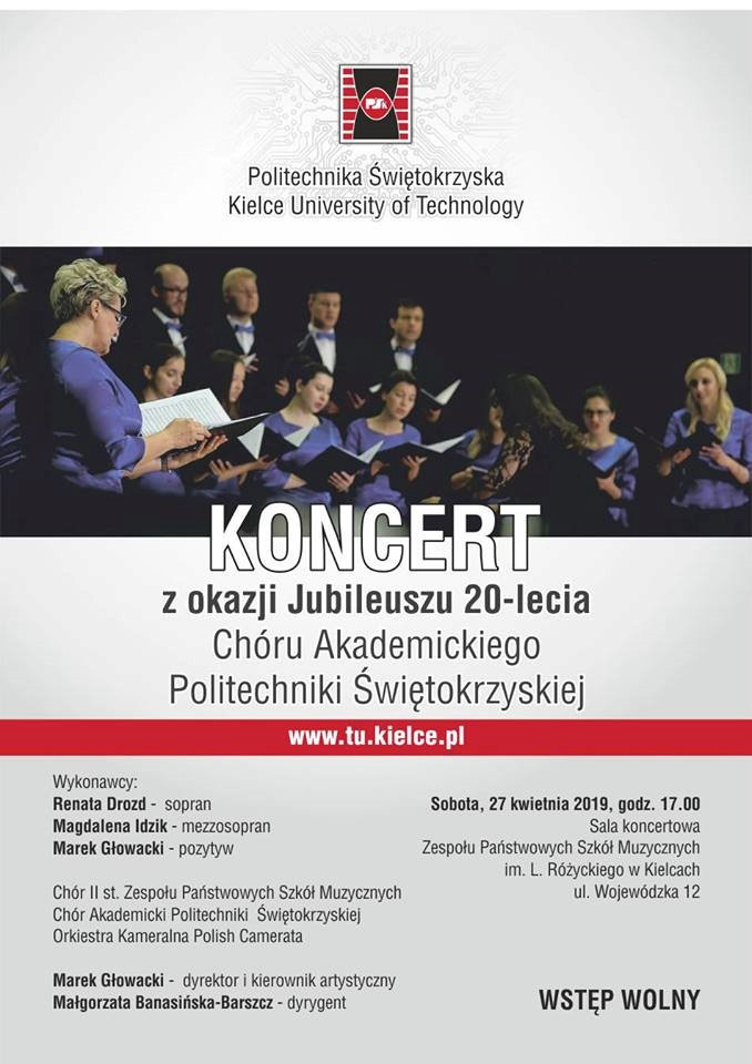 Plakat zapraszający na koncert z okazji 20-lecia Chóru Akademickiego Politechniki Świętokrzyskiej.