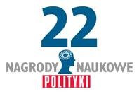 Logo 22. Nagród Naukowych Polityki. Widnieje duża liczba "22" nad sylwetką głowy z mózgiem.