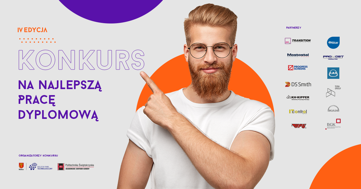 Konkurs na najlepszą pracę dyplomową, IV edycja. Mężczyzna wskazuje na tekst. Kluczowe obiekty: mężczyzna, tekst, logotypy.