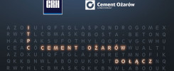 Logo CRH i Cement Ożarów. W siatce liter podświetlone słowa: CEMENT, BOŻARÓW, DOŁĄCZ.