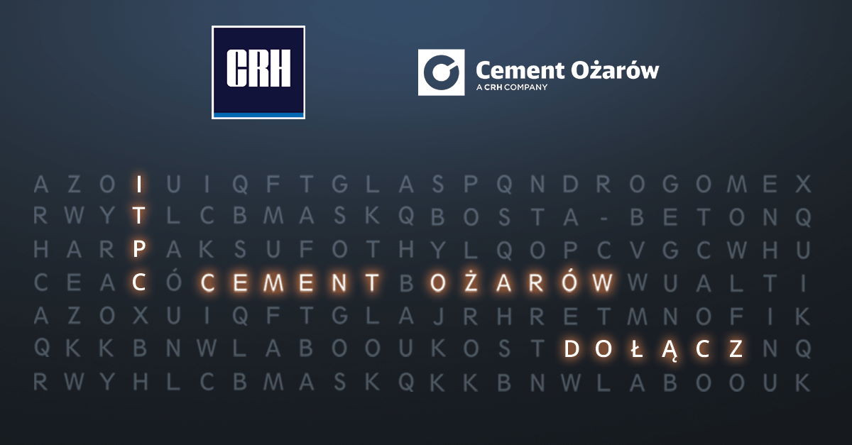 Logo CRH i Cement Ożarów. W siatce liter podświetlone słowa: CEMENT, BOŻARÓW, DOŁĄCZ.