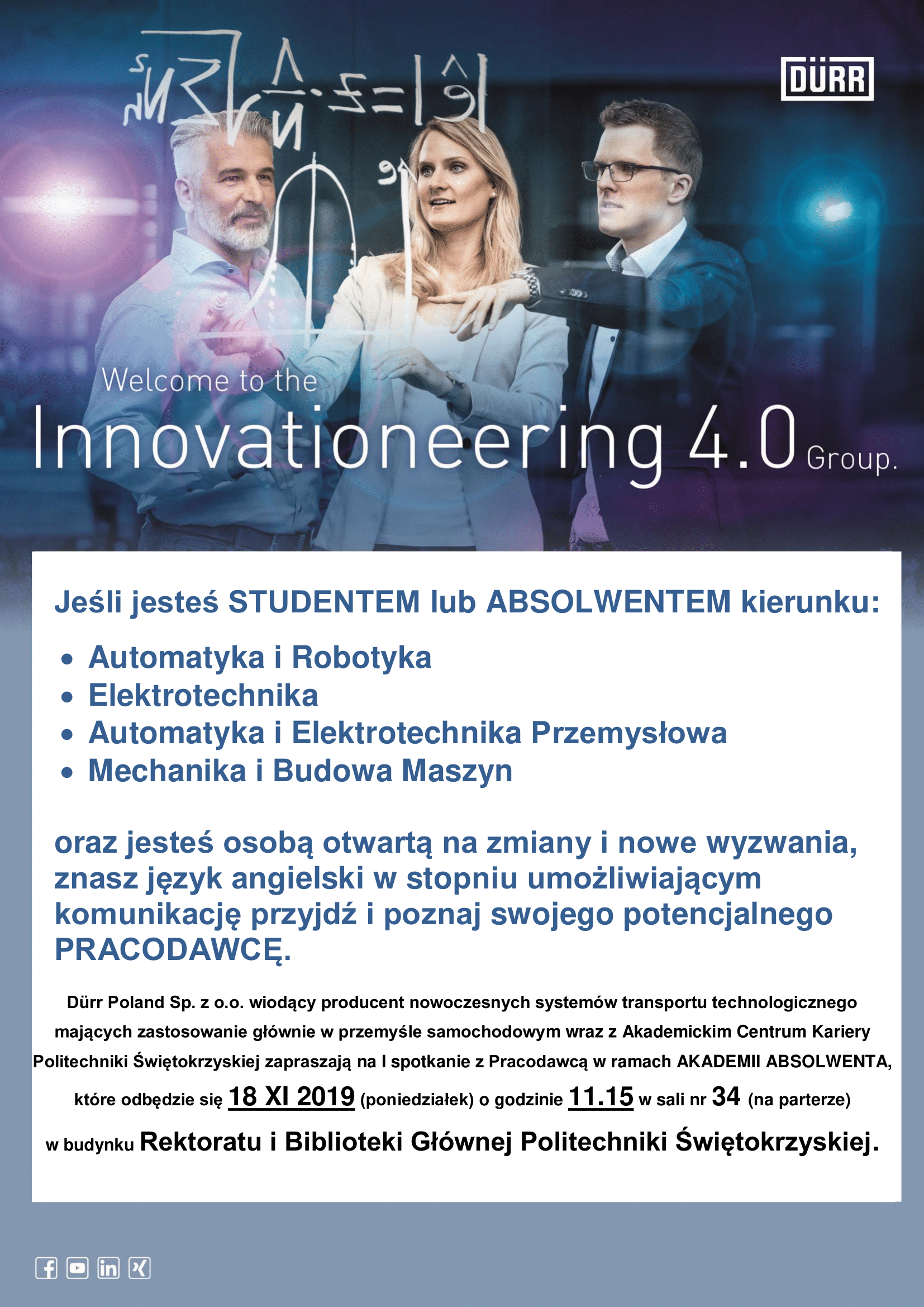 Zaproszenie na spotkanie z pracodawcą Dürr Poland dla studentów i absolwentów kierunków technicznych.