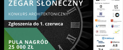 Plakat konkursu architektonicznego "24-godzinny zegar słoneczny". Kluczowe obiekty: zegar, napisy.