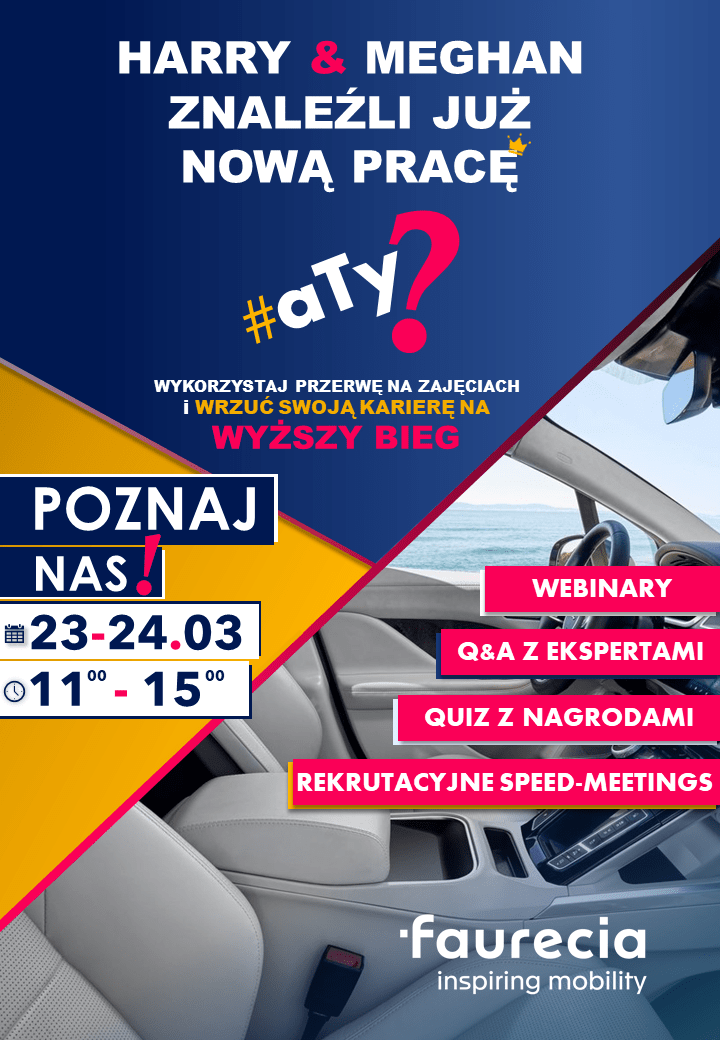 Plakat informuje o wydarzeniu rekrutacyjnym z webinarami, Q&A, quizami i speed-meetingami.