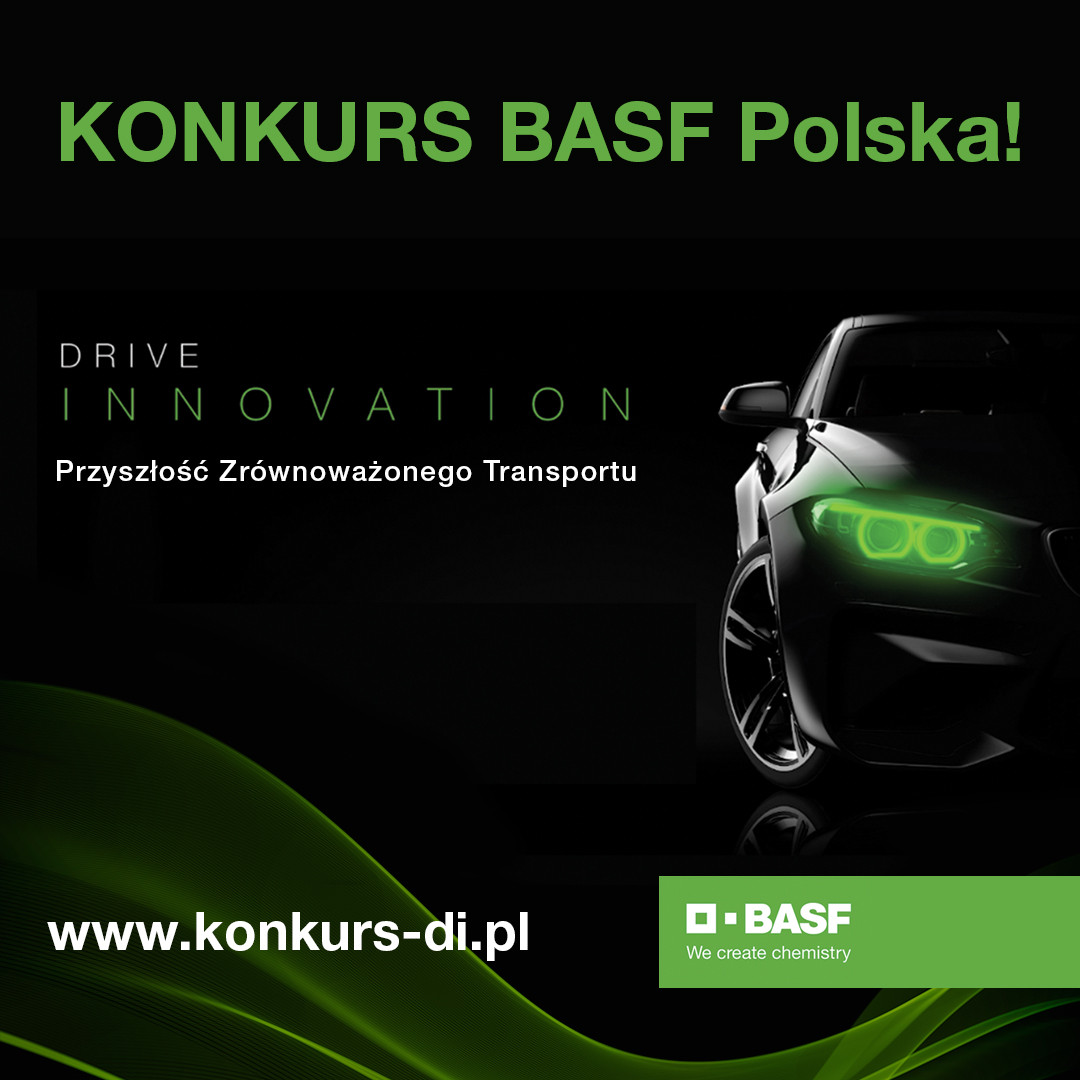 Konkurs BASF Polska "Drive Innovation". Czarny samochód z zielonymi światłami. Kontekst: promocja konkursu.