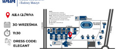 Mapa kampusu z datą, godziną i kodem ubioru. Kluczowe obiekty: Aula Główna, Wydział Mechatroniki, budynki wydziałów, stadion.