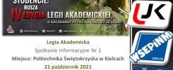 Plakat informuje o IV edycji Legii Akademickiej. Kluczowe obiekty: żołnierz, hasła, loga uczelni. Kontekst: wojsko, edukacja.