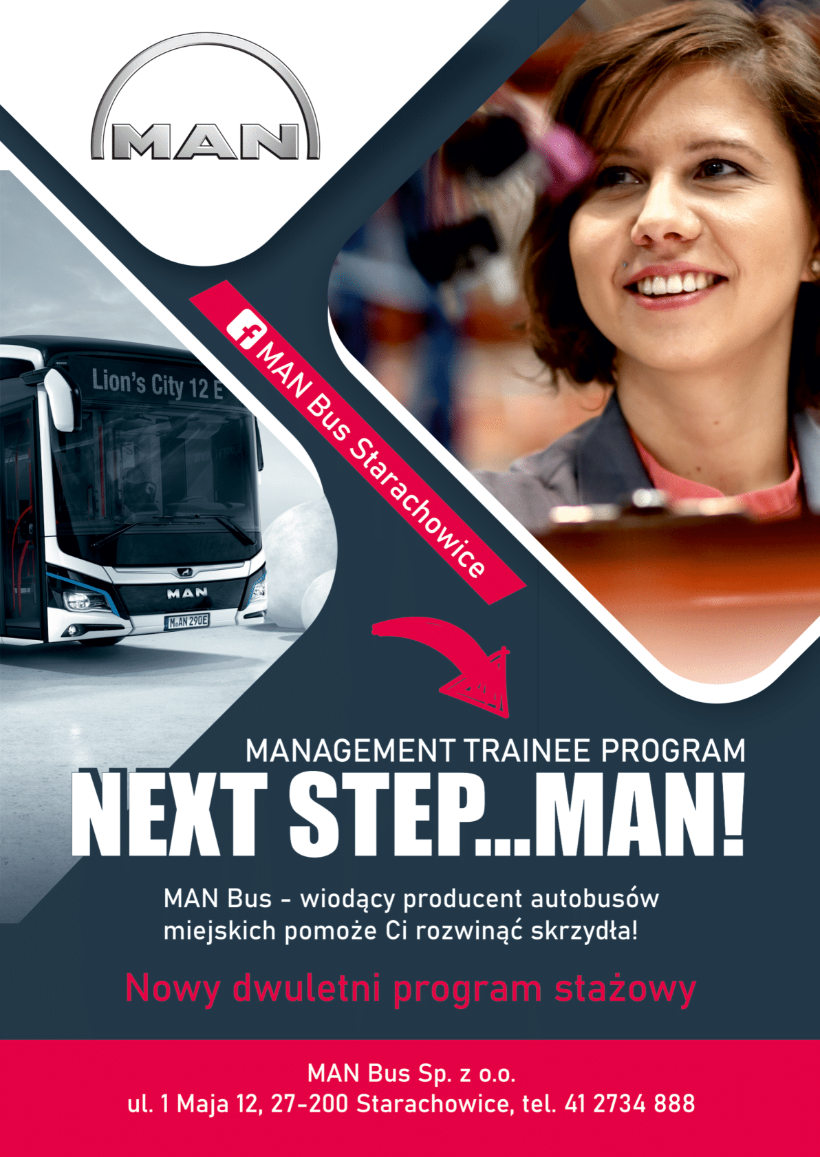 Reklama programu stażowego "Next Step...MAN!" w MAN Bus Starachowice.