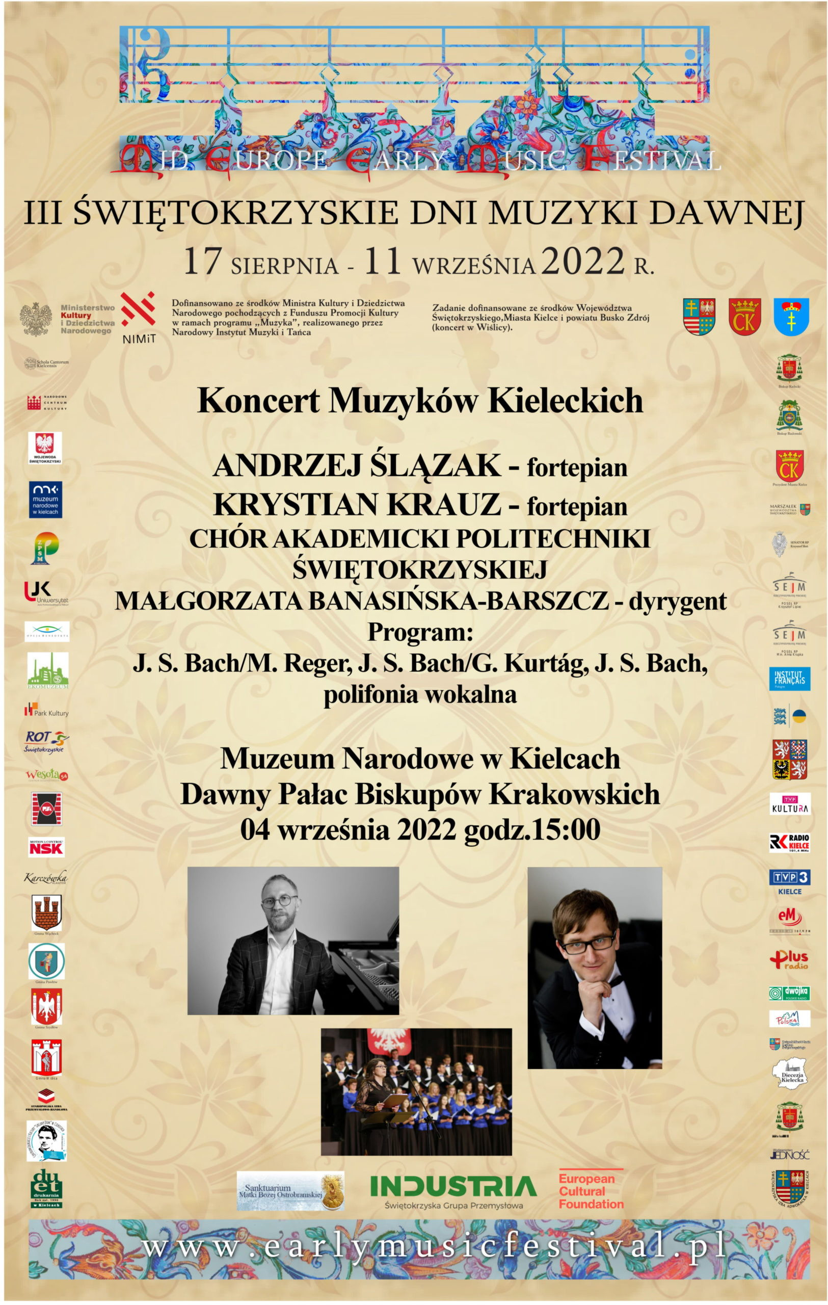 Plakat informuje o III Świętokrzyskich Dniach Muzyki Dawnej, koncercie w Muzeum Narodowym w Kielcach 4 września 2022.