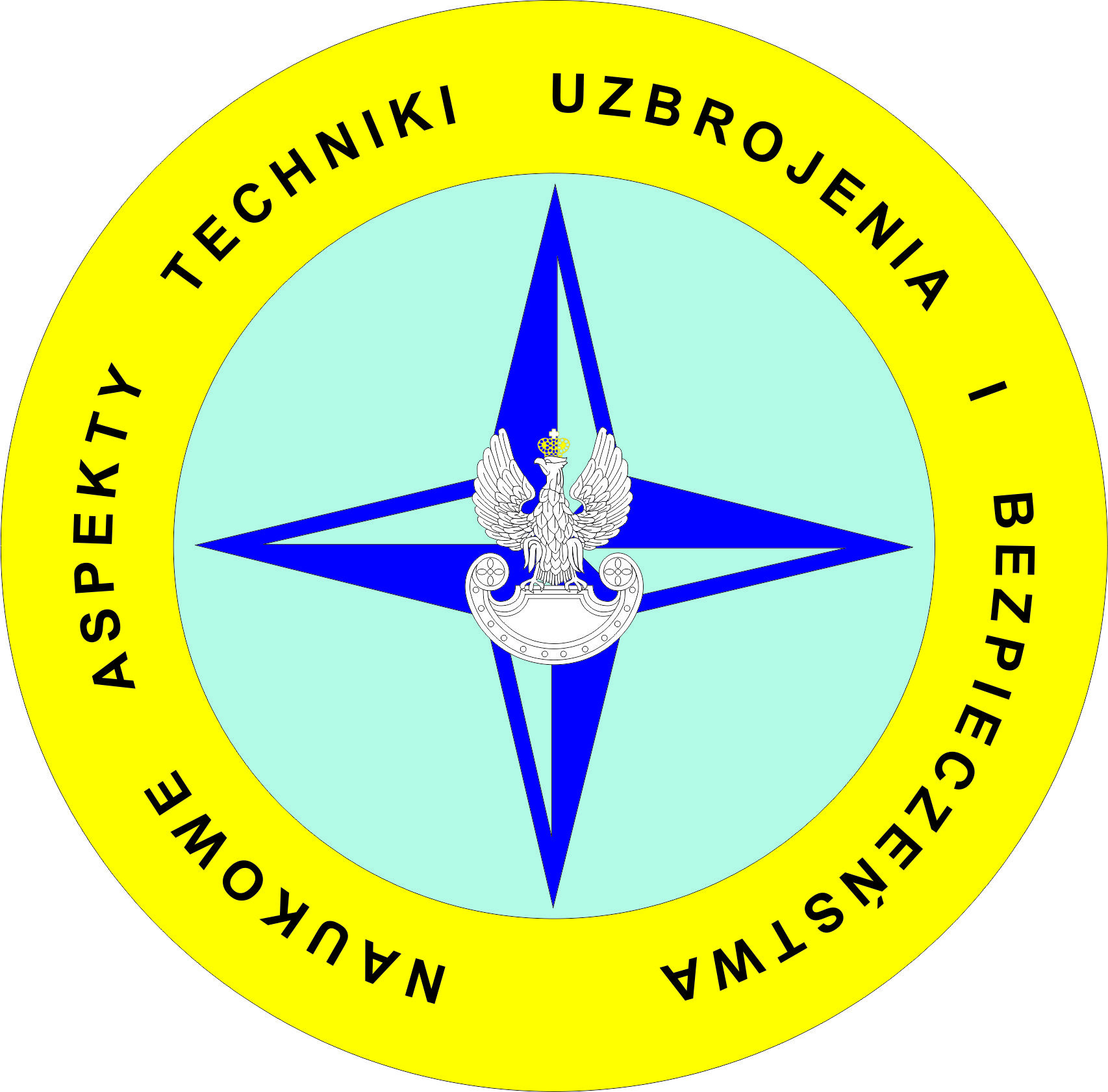 Herb z orłem i napisem "ASPEKTY NAUKOWE TECHNIKI UZBROJENIA I BEZPIECZEŃSTWA".