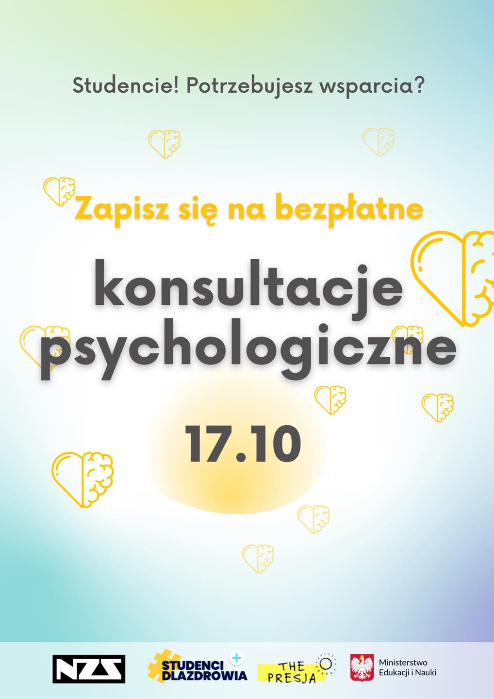 Plakat informuje o bezpłatnych konsultacjach psychologicznych dla studentów, które odbędą się 17.10.