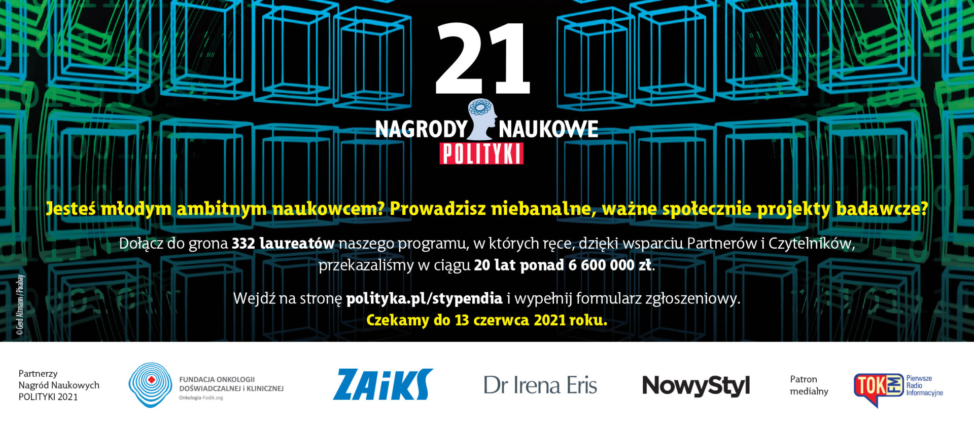 Reklama Nagród Naukowych POLITYKI 2021. Zachęca młodych naukowców do zgłoszeń.