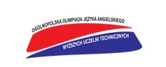 Logo Ogólnopolska Olimpiada Języka Angielskiego Wyższych Uczelni Technicznych. Czerwono-niebieskie barwy.