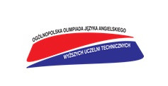 Logo Ogólnopolskiej Olimpiady Języka Angielskiego Wyższych Uczelni Technicznych. Czerwono-niebieski kształt.