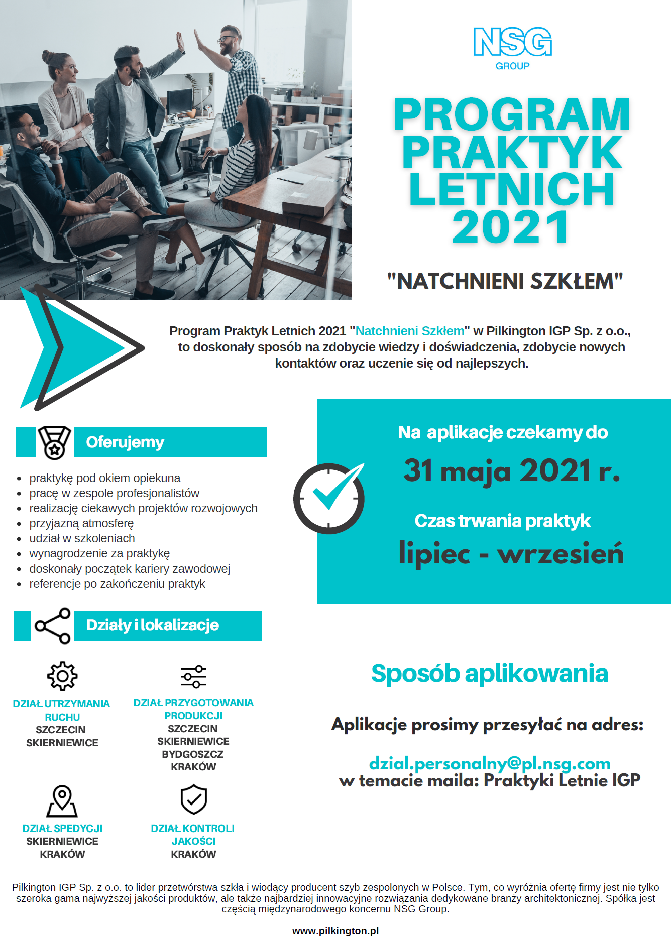 Program Praktyk Letnich 2021 "Natchnieni Szkłem" w Pilkington IGP. Oferta dla studentów.