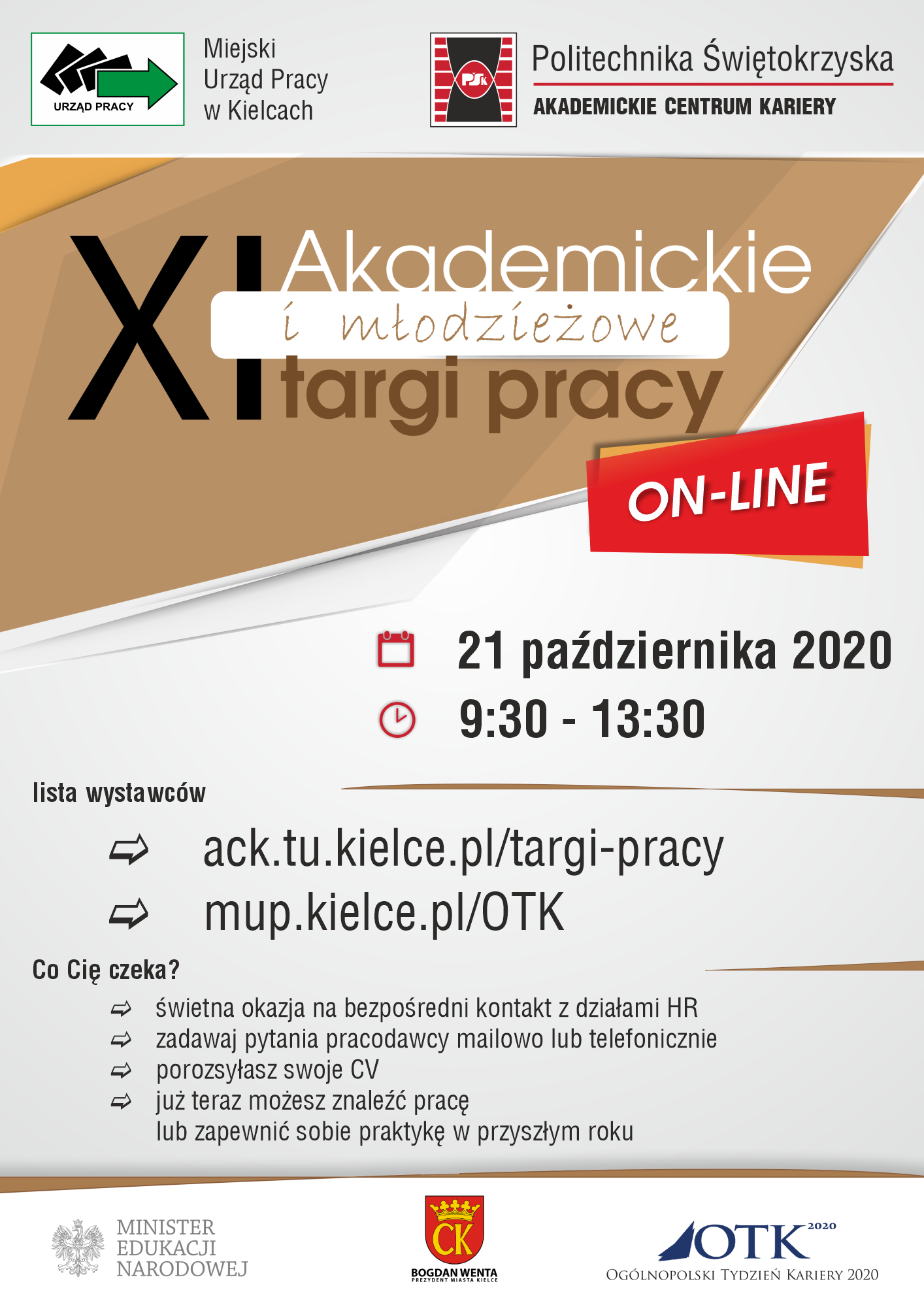 XI Akademickie i młodzieżowe targi pracy online. Kluczowe obiekty: logo uczelni, daty, godziny, adresy stron.