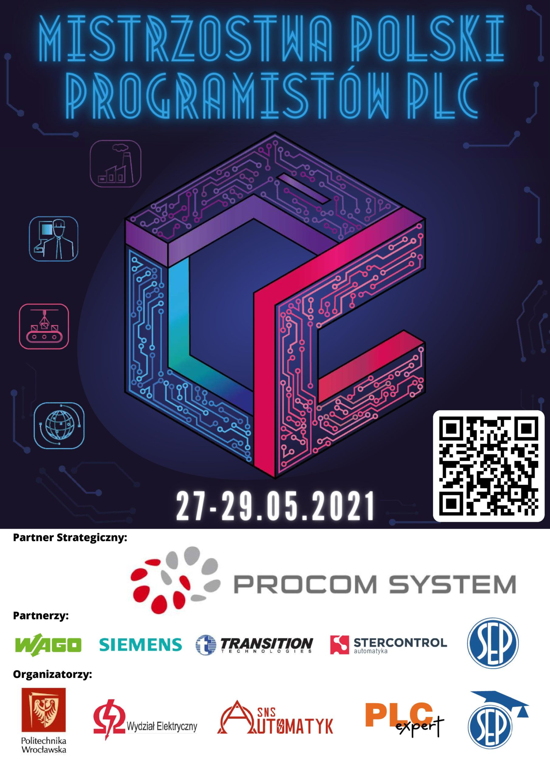 Plakat informuje o Mistrzostwach Polski Programistów PLC, które odbędą się 27-29.05.2021.