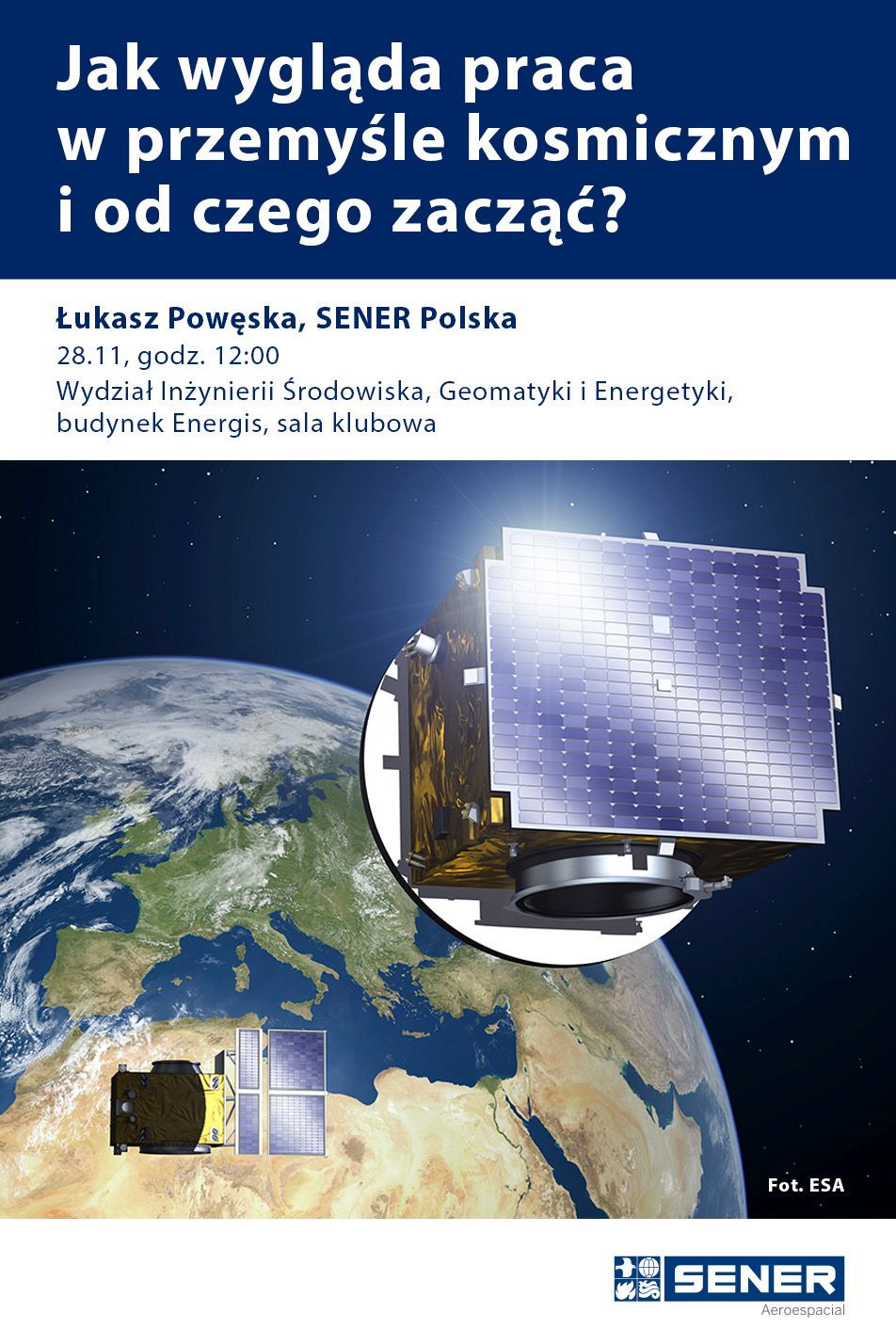 Satelita na tle Ziemi. Kluczowe obiekty: satelita, Ziemia. Kontekst: prezentacja o przemyśle kosmicznym.