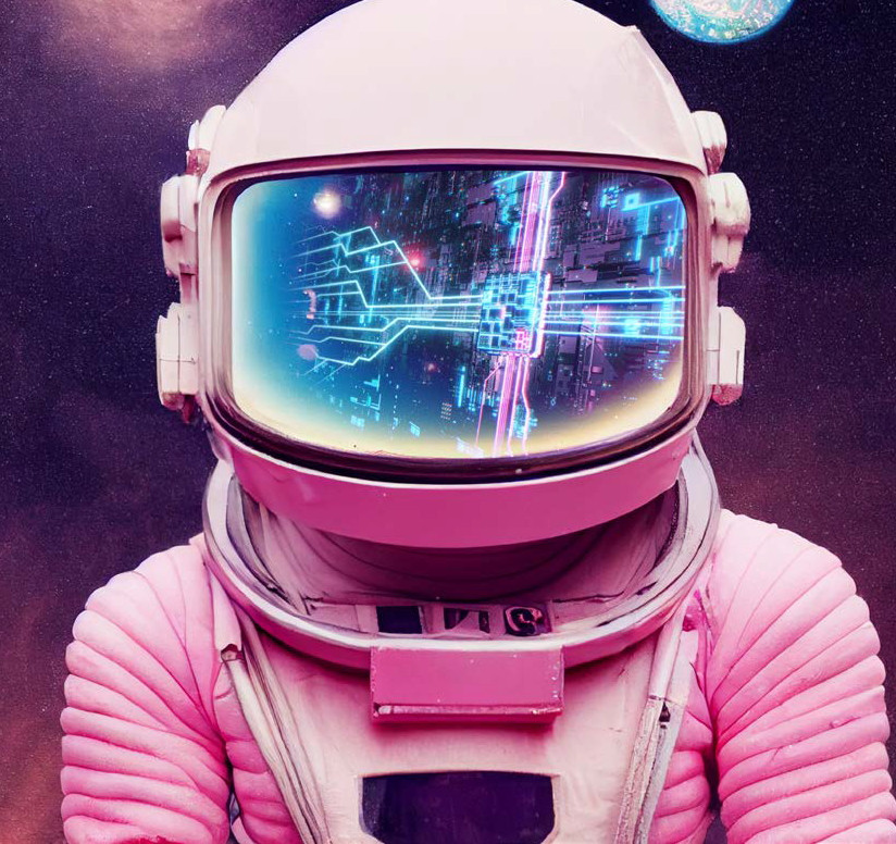 Astronauta w różowym skafandrze. Na wizjerze odbija się futurystyczny, cyfrowy krajobraz.