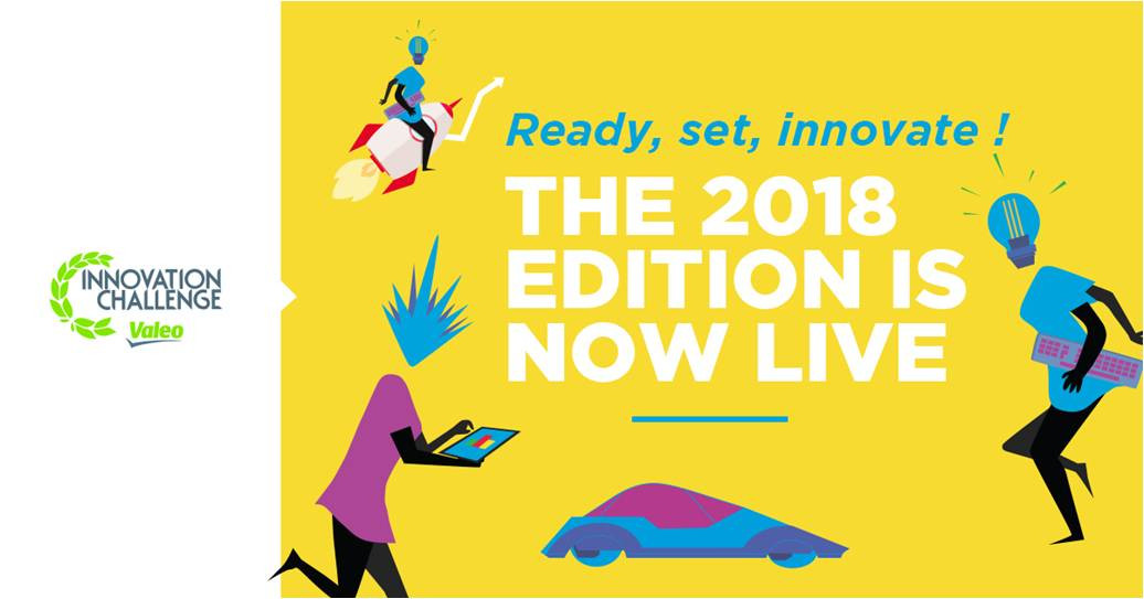 Logo Valeo Innovation Challenge. Tekst: "Ready, set, innovate! THE 2018 EDITION IS NOW LIVE".