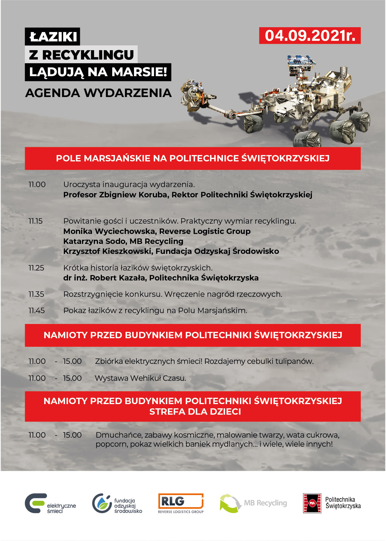 Plakat informuje o wydarzeniu "Łaziki z recyklingu lądują na Marsie!" w Politechnice Świętokrzyskiej 04.09.2021.
