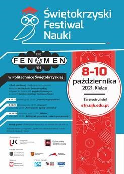 Plakat informuje o Świętokrzyskim Festiwalu Nauki w Kinie Fenomen Politechniki Świętokrzyskiej.