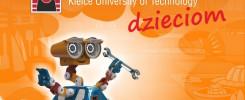 Grafika z robotem i napisem "dzieciom". Logo Politechniki Świętokrzyskiej.