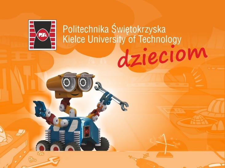 Grafika z robotem i napisem "dzieciom". Logo Politechniki Świętokrzyskiej.