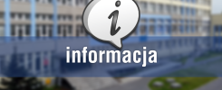 Dymek z literą "i" i napisem "informacja" na tle budynku.