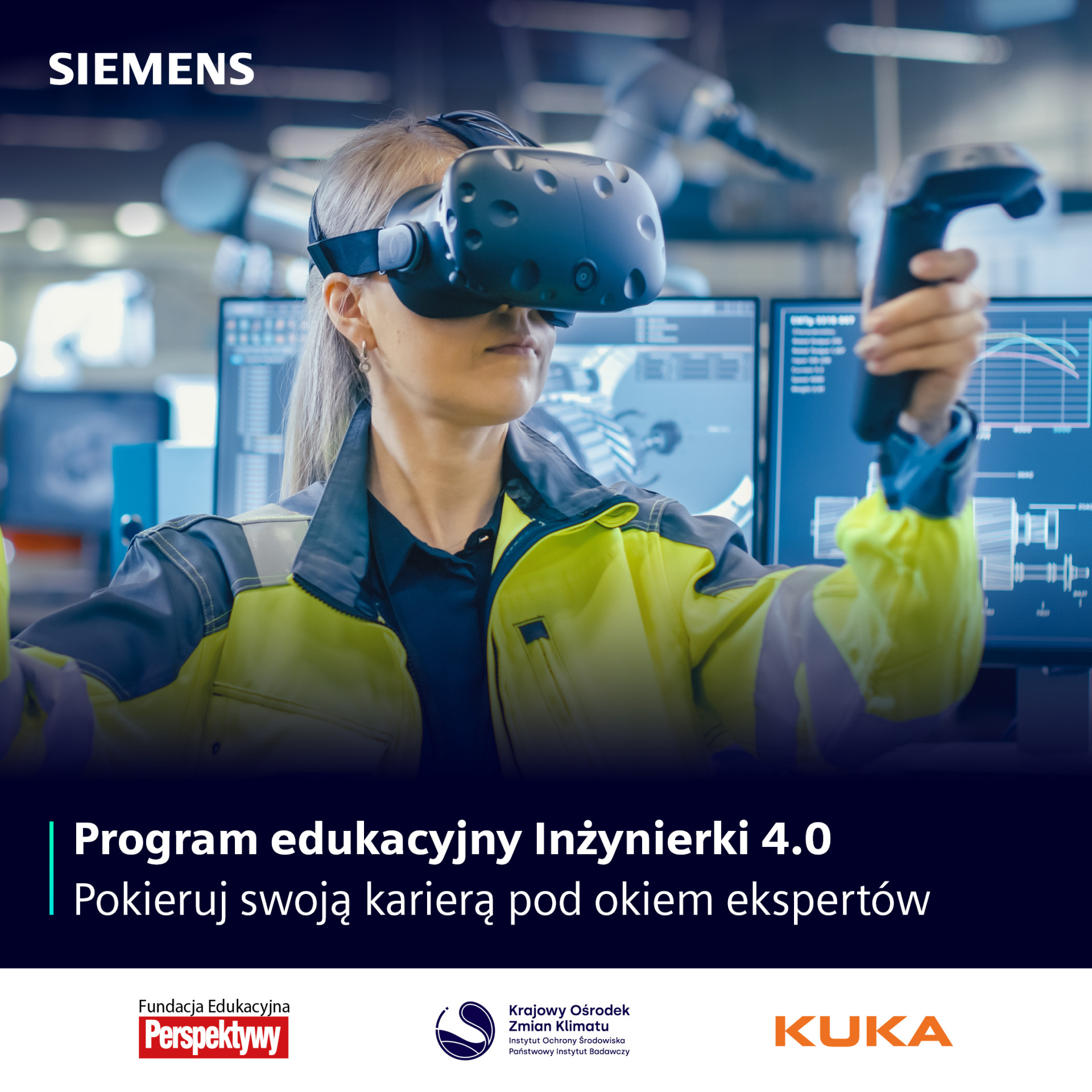 Kobieta w goglach VR i kamizelce odblaskowej pracuje z technologią. Kontekst: program edukacyjny Inżynierki 4.0.