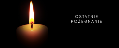 Płonąca świeca na czarnym tle. Napis "OSTATNIE POŻEGNANIE". Kontekst: żałoba, pamięć.