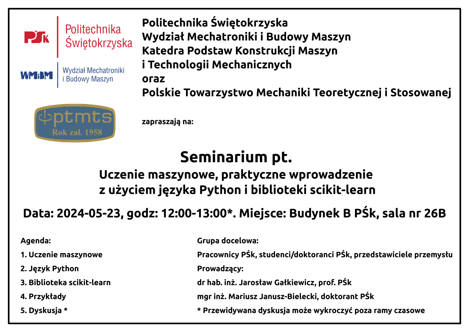 Logotypy Politechniki Świętokrzyskiej, Wydziału Mechatroniki i Budowy Maszyn oraz PTMTŚ.