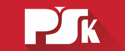 Białe litery "PSK" na czerwonym tle. Logo Uczelni.