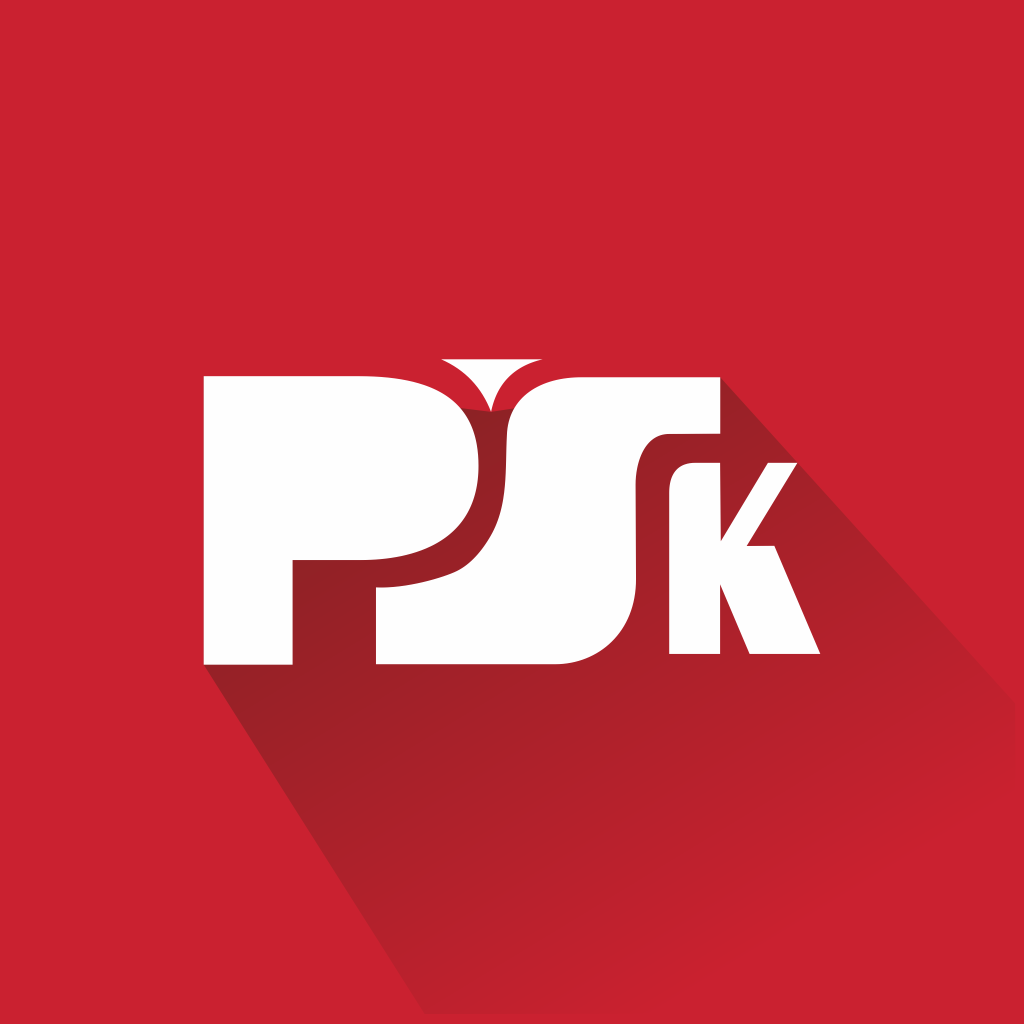 Białe litery "PSK" na czerwonym tle. Logo Uczelni.
