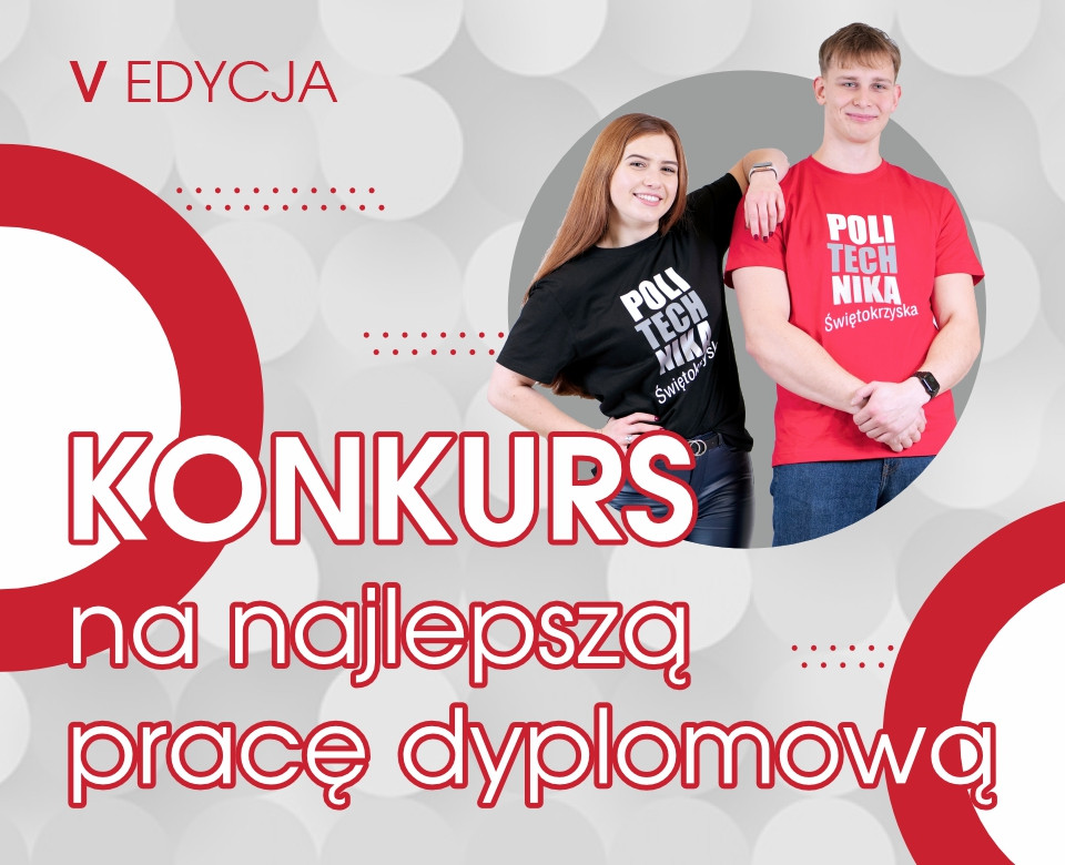 V edycja konkursu na najlepszą pracę dyplomową. Dwoje młodych ludzi w koszulkach z napisem "Politechnika Świętokrzyska".