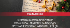 Politechnika Świętokrzyska zaprasza na spotkanie z kolędami. Kluczowe obiekty: nuty, ozdoby świąteczne, logo uczelni.