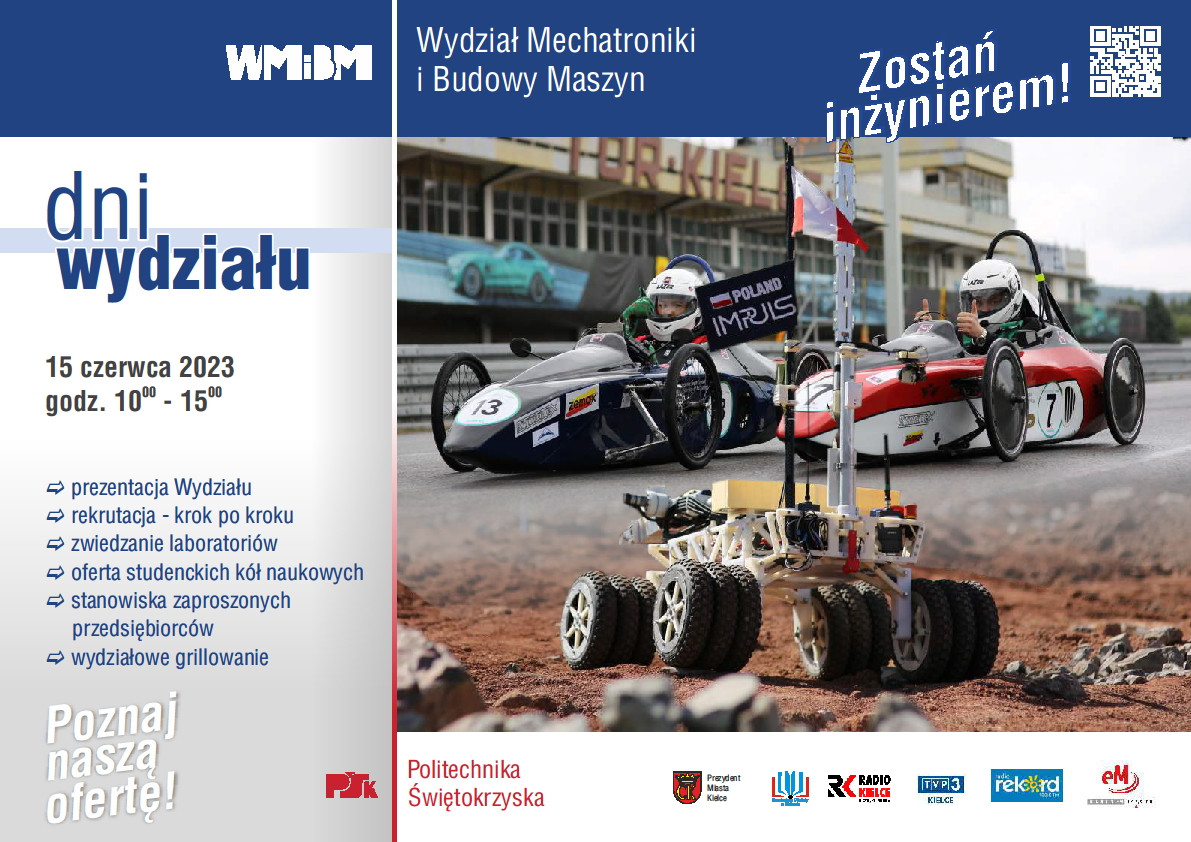 Dni Wydziału WMIB. Dwa bolidy wyścigowe, robot terenowy, zaproszenie na wydarzenie.