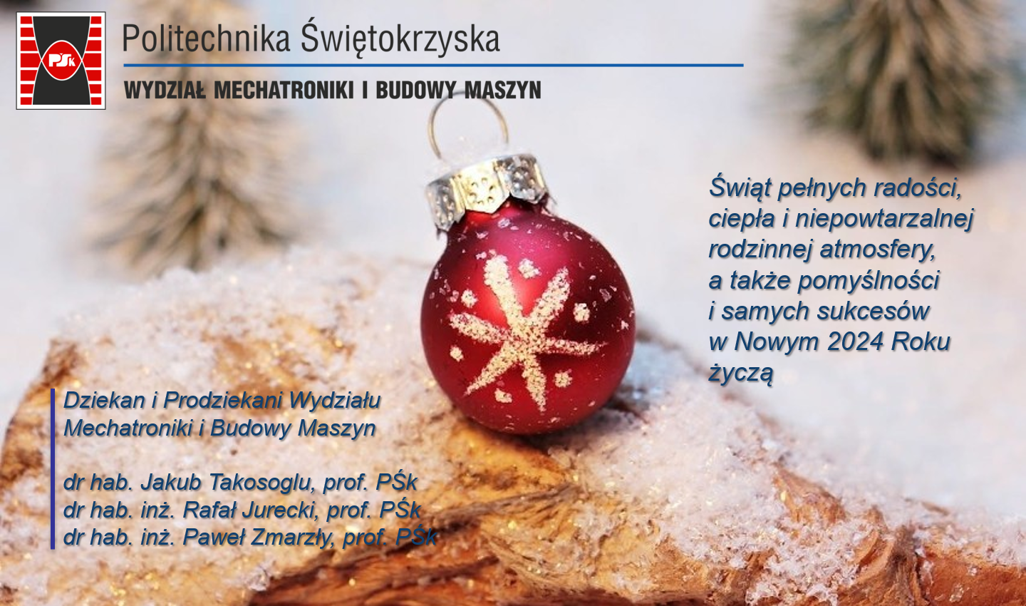 Świąteczna kartka z Politechniki Świętokrzyskiej, Wydziału Mechatroniki i Budowy Maszyn.