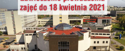 Zawieszenie zajęć do 18 kwietnia 2021 na Politechnice Świętokrzyskiej. Budynki uczelni, logo.